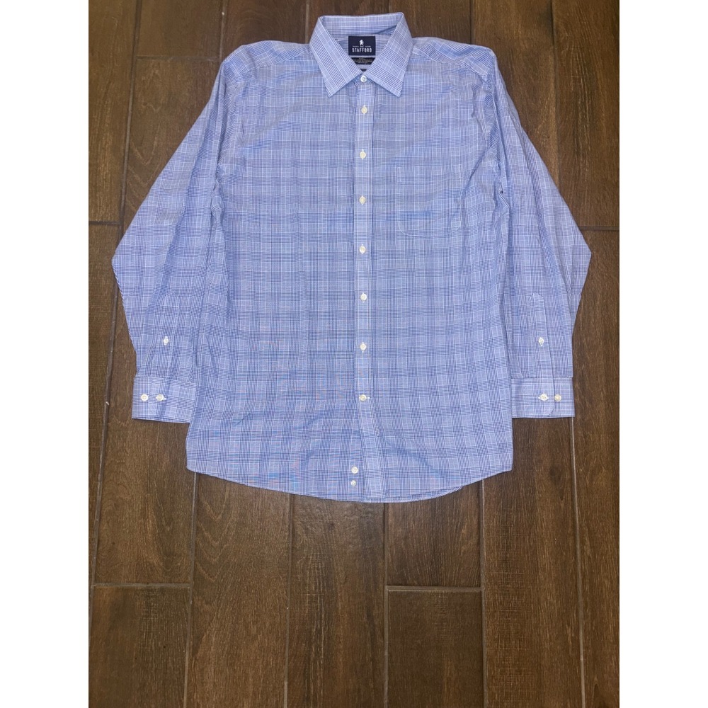 Stafford Button Up Shirt 16.5 34-35 Blue Glen Plaid‎ Travel Regular Fit